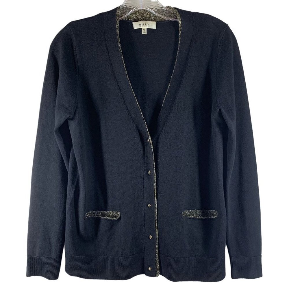 MILLY Black and Gold Merino Wool Cardigan Sweater Size Med